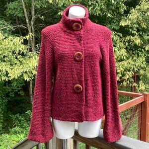 Curio nubby knit cranberry/orange jacket with crochet covered buttons size XL
